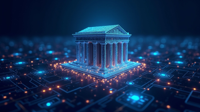 Chainlink and Swift allow banks to access blockchain through existing /invezz2 create an image showing modern bank building connected by glowing digital lines to a stylized blockchain network. Include Chainlink and Swift logos