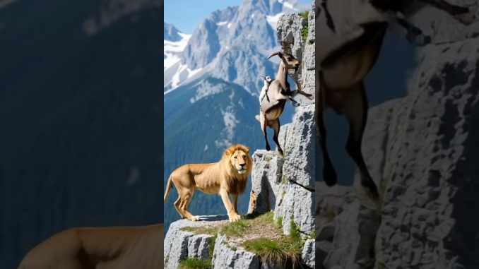 Brave Mama Goat Guides Her Baby to Leap Across a Dangerous Cliff